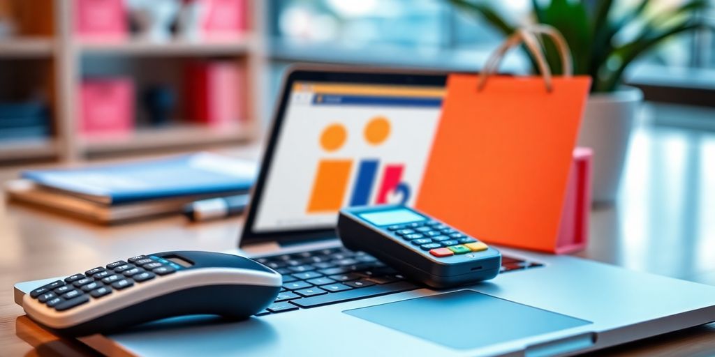 Laptop and payment devices for e-commerce integration.