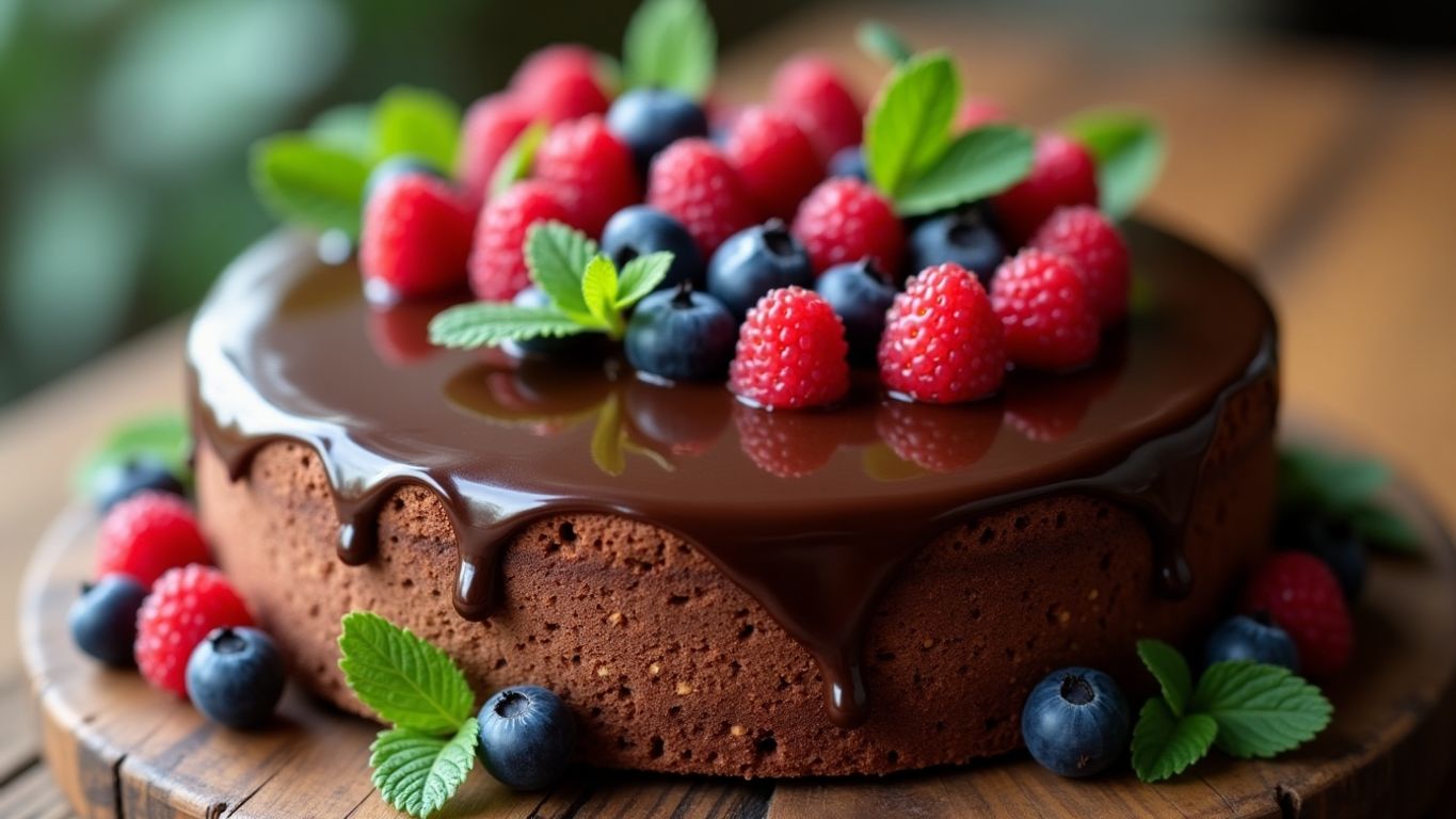 Bolo de chocolate fofinho com cobertura brilhante.