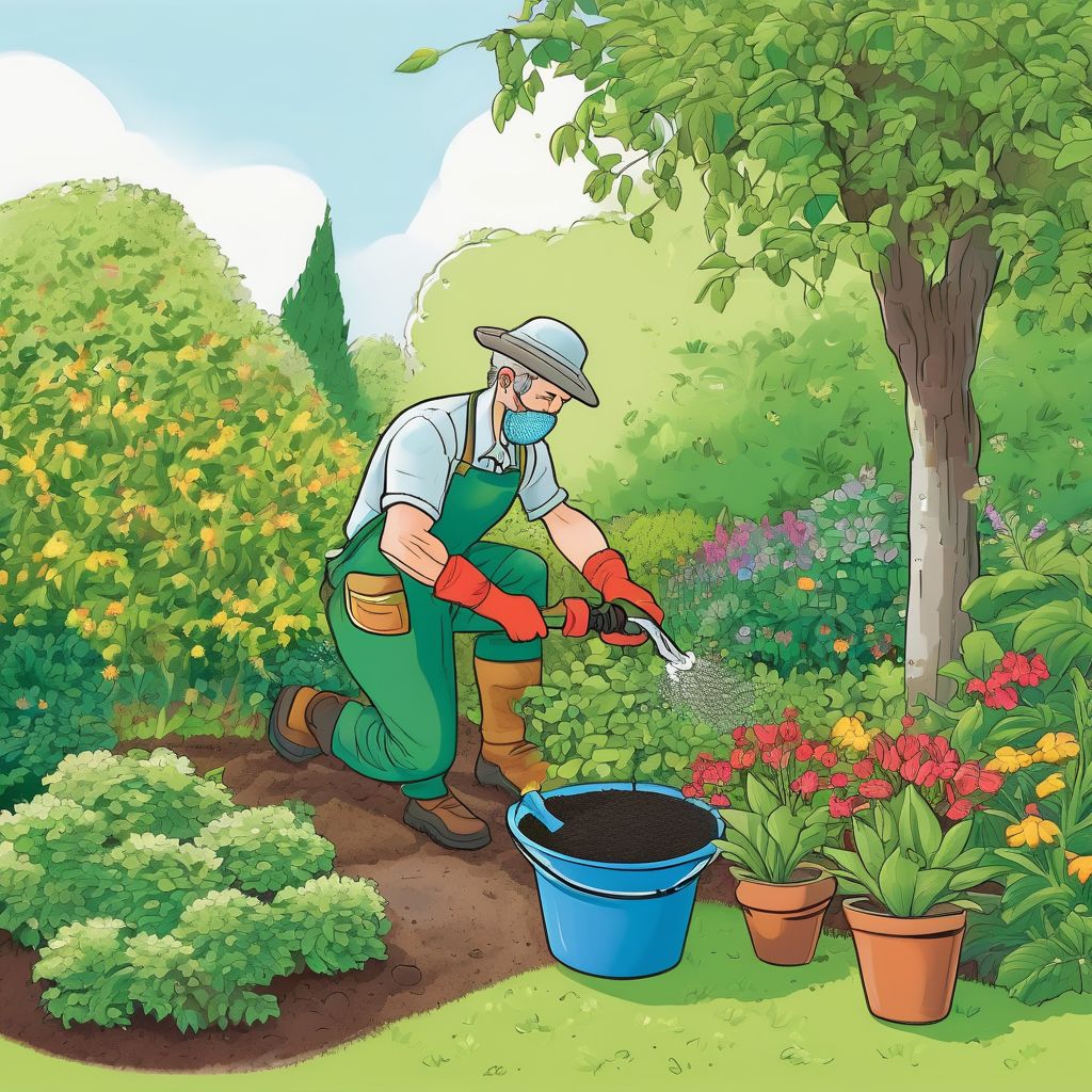 gardener applying fertilizer to plants in a lush garden