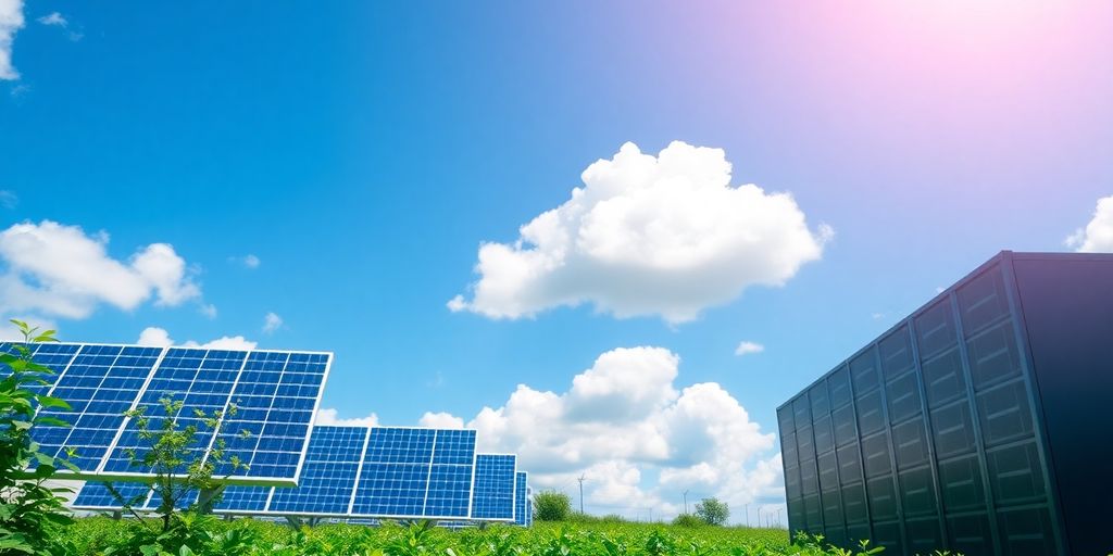 Cloud servers amidst greenery and solar panels for sustainability.
