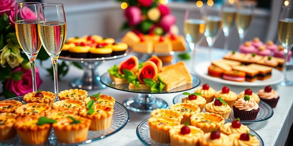 Feestelijk gedekte tafel met heerlijk eten en drinken.