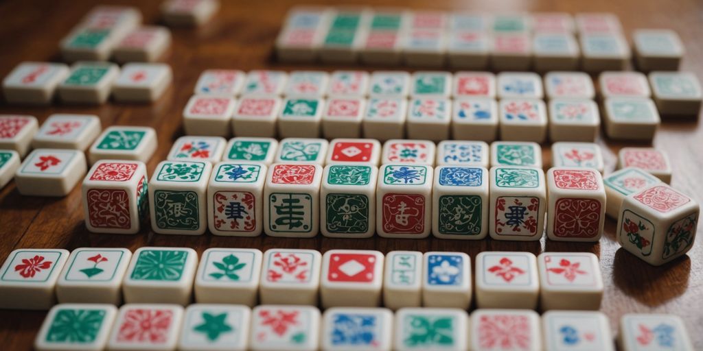 Various unique Mahjong tiles displayed on a wooden surface.