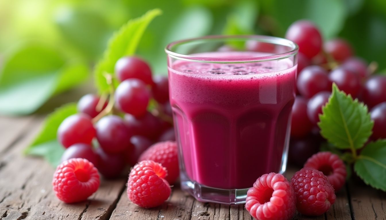 Raspberry and red grape juice in a glass.