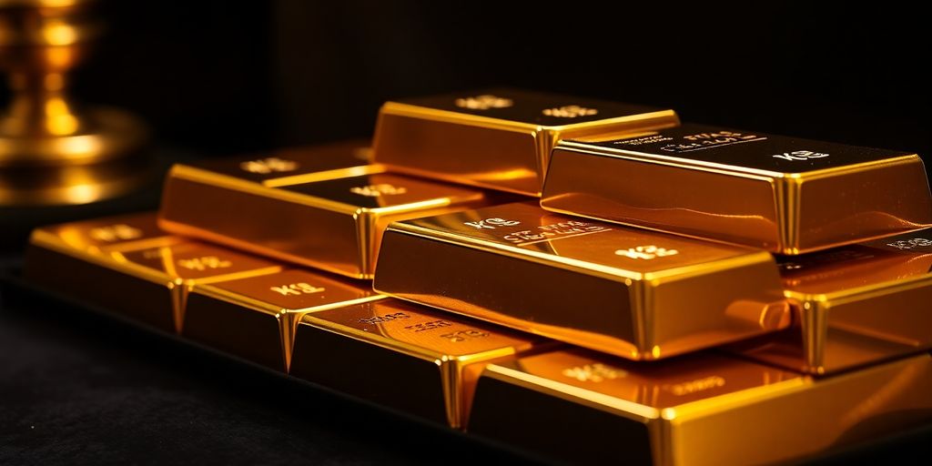 Des barres d'or brillantes sur un fond sombre.