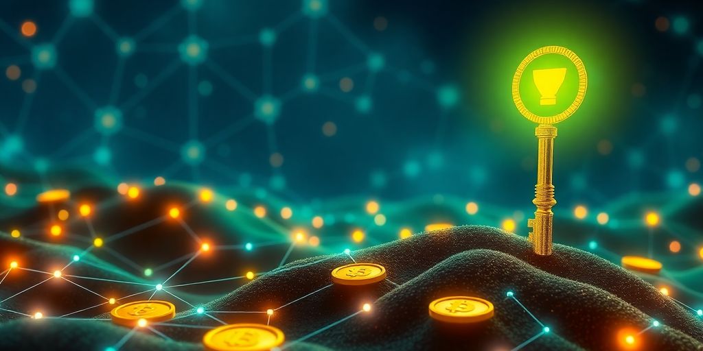 Colorful blockchain nodes and coins with a key symbol.