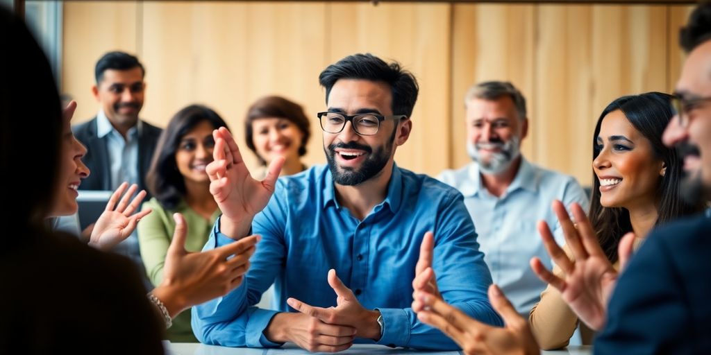 Group of people using gestures in a virtual meeting.