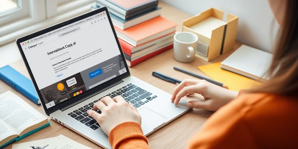 Student working with Copy.ai on a laptop in study space.