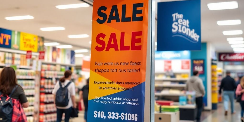 Bright sales banner in a bustling retail setting.