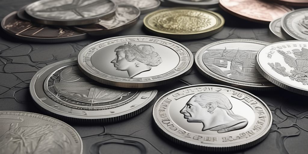 silver coins and modern currency in a historical and futuristic setting