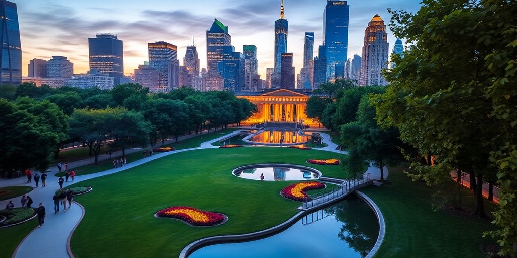 Modern city skyline with vibrant urban park.