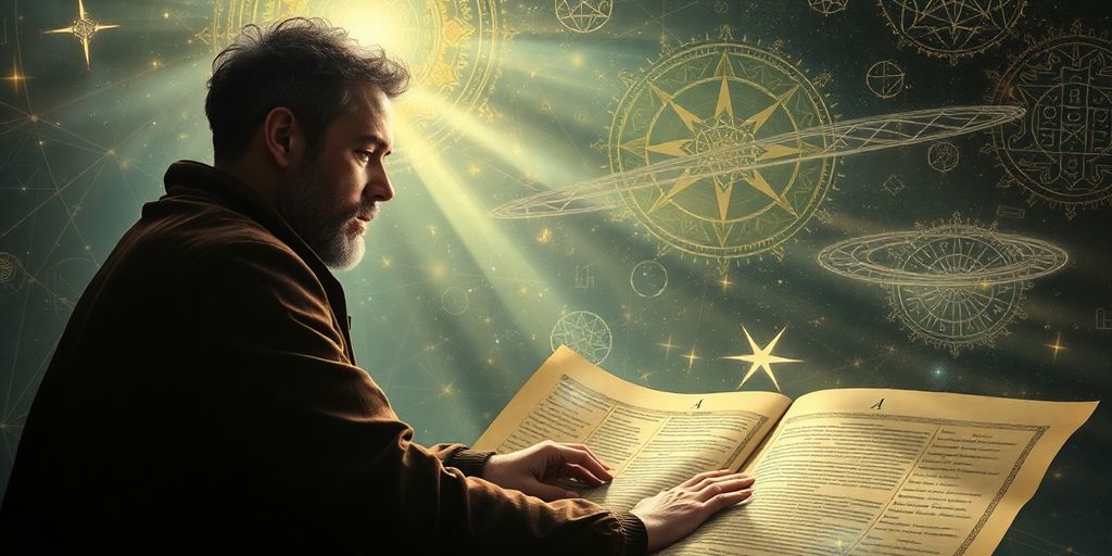 Man contemplating ancient scrolls and celestial patterns.