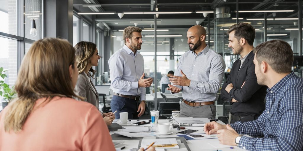 Directeur des ventes discutant avec une équipe dynamique.