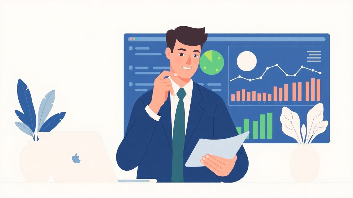 Forretningsperson analyserer markedet med moderne illustrasjoner.