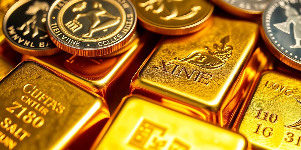 Lingots d'or et pièces d'investissement en gros plan.