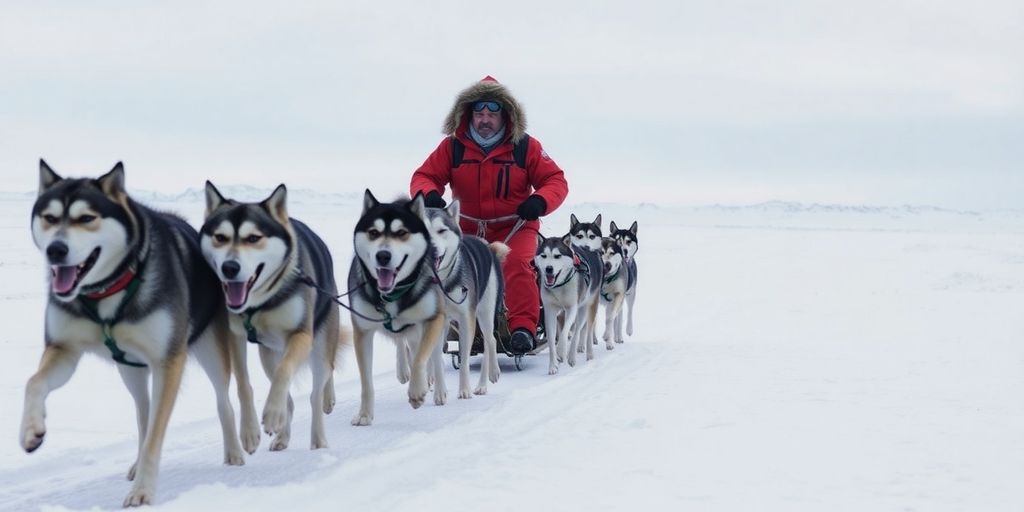 A musher and sled dog team race through snowy Alaska.