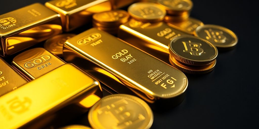 Des lingots d'or brillants sur une surface sombre.