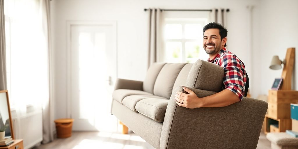 Man carrying large couch out of clean home.