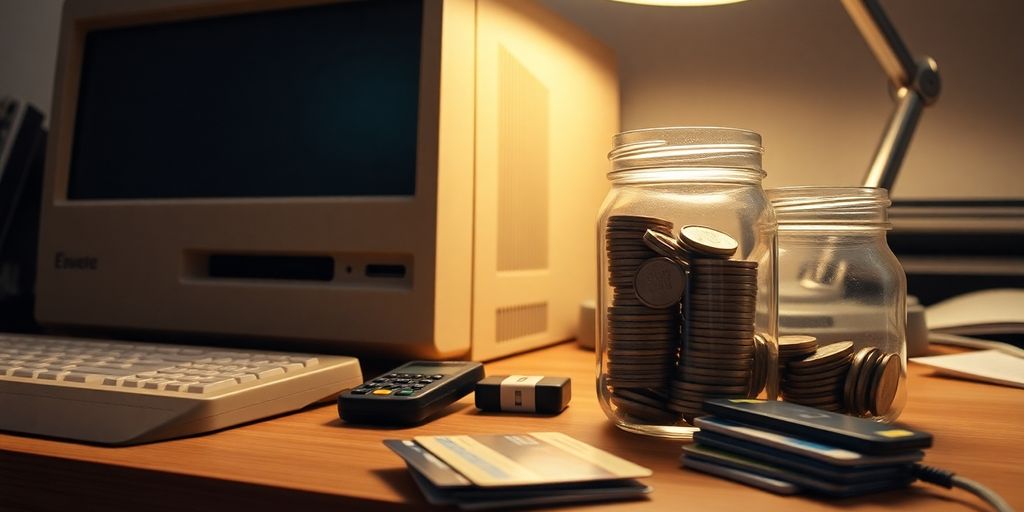 Late-1990s desk with computer, cell phone, USB device, stacked coins