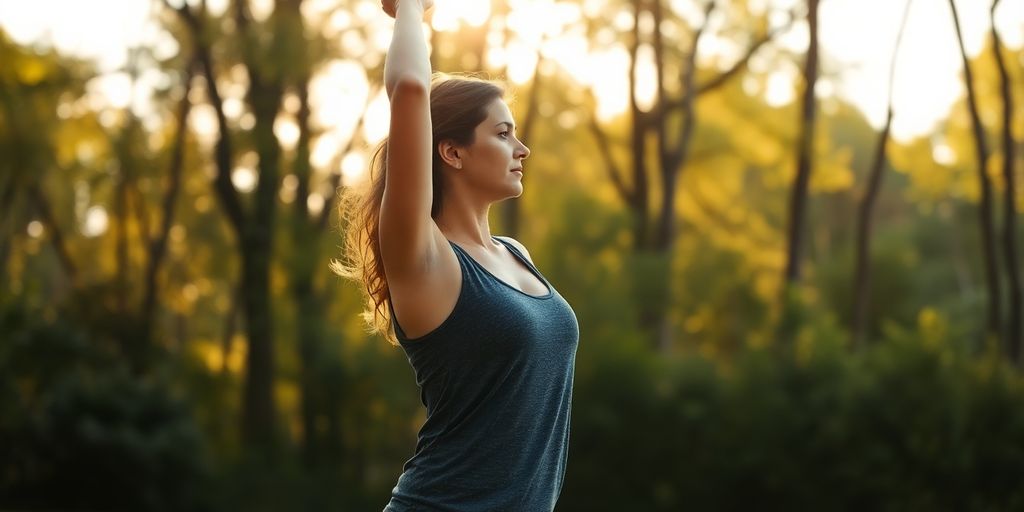 Woman practicing yoga in a peaceful outdoor setting.