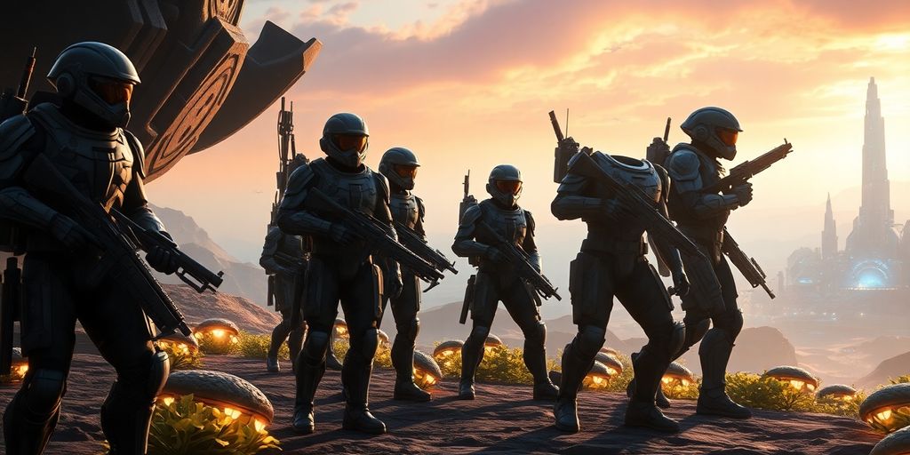 Sci-fi squad exploring alien world, dramatic lighting.