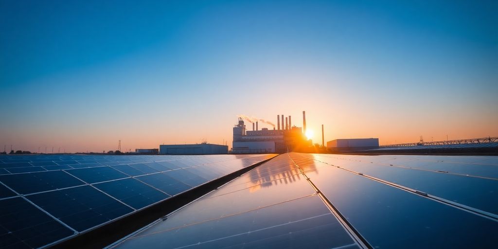 Panneaux solaires et fumée d'usine sous ciel bleu
