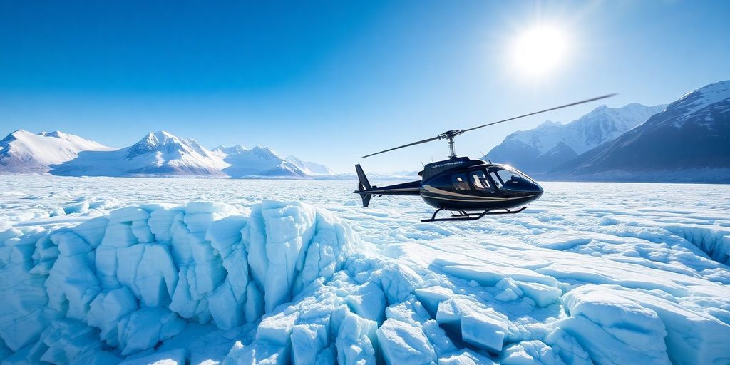 A helicopter flying over a vast Alaskan glacier and mountains.