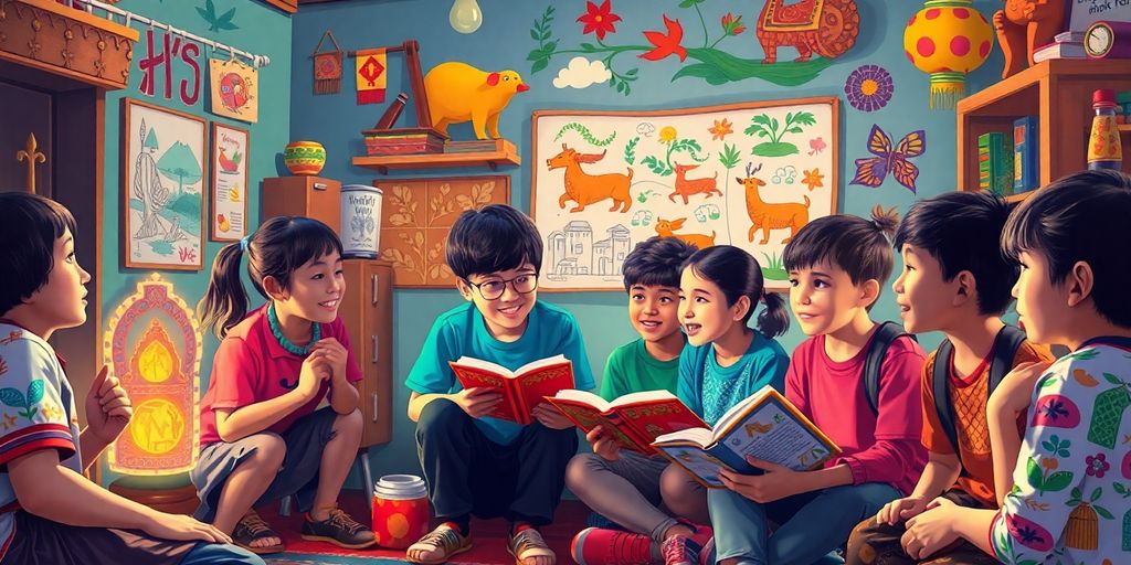 Students sharing stories in a colorful cultural setting.