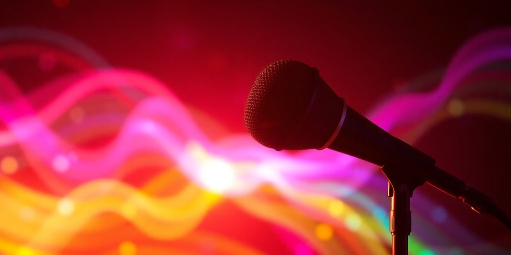 Podcast microphone with vibrant audio wave visuals.