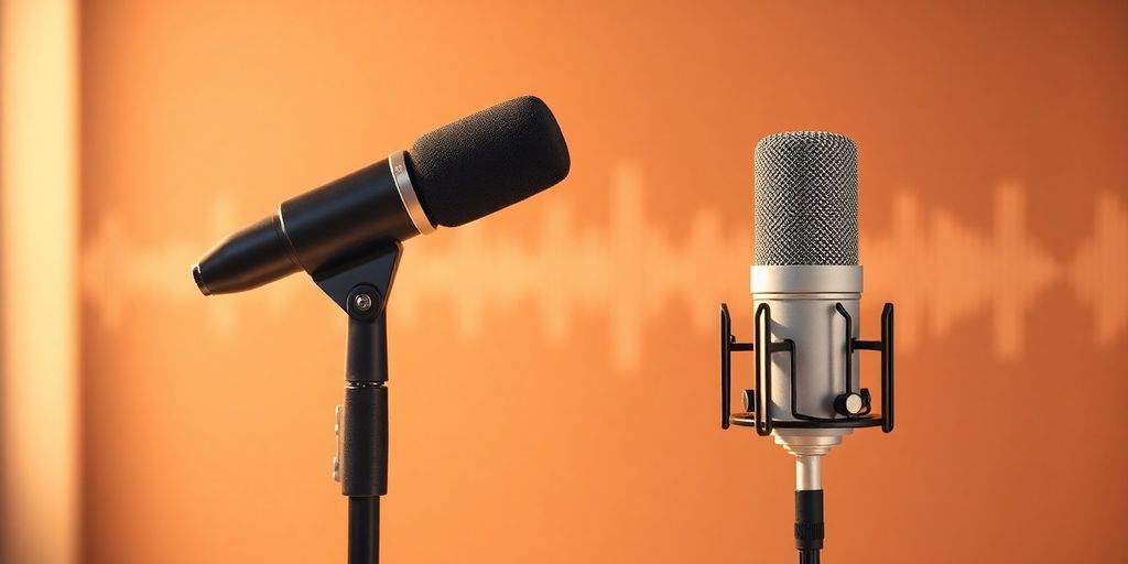 Podcast microphone with a blurred background of audio waves.