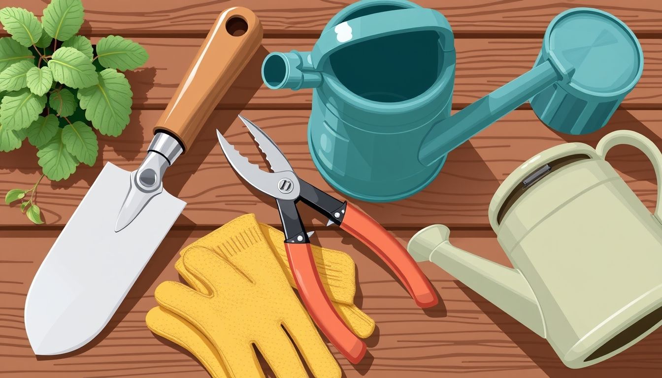 Essential gardening tools on a wooden table.