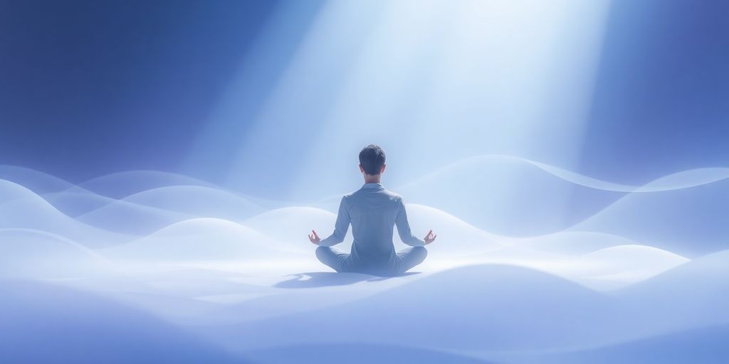 Person meditating in a tranquil space with soft light.