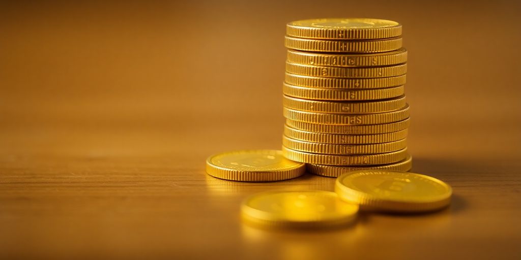 Pièces d'or empilées sur une surface en bois.