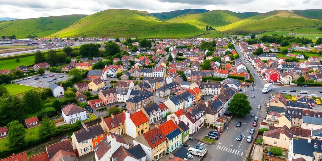 Aerial view of a colorful Welsh town with hills.