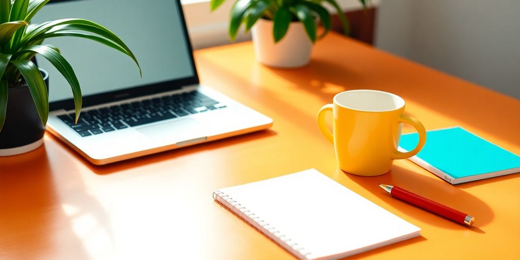 Creative workspace with laptop and coffee on desk.