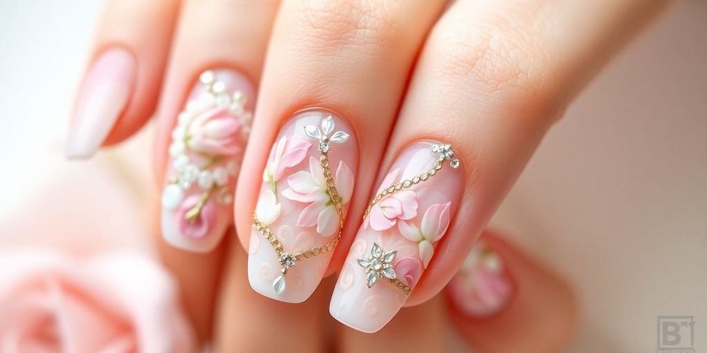 Unhas de noiva decoradas com flores e detalhes elegantes.