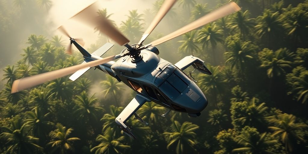 A modern attack helicopter flying low over a jungle canopy.