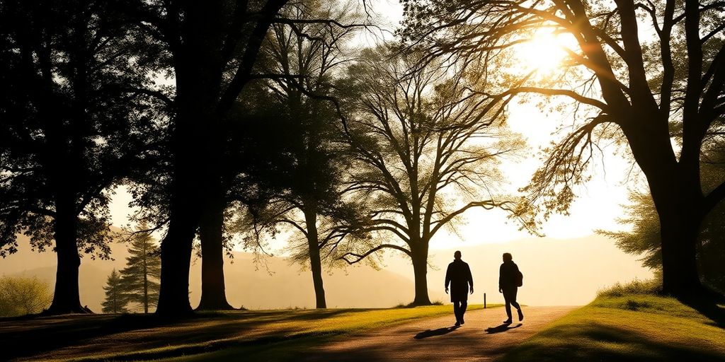Silhouettes walking on a peaceful nature trail.