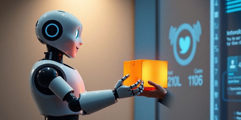 Cliente feliz recibe ayuda de robot