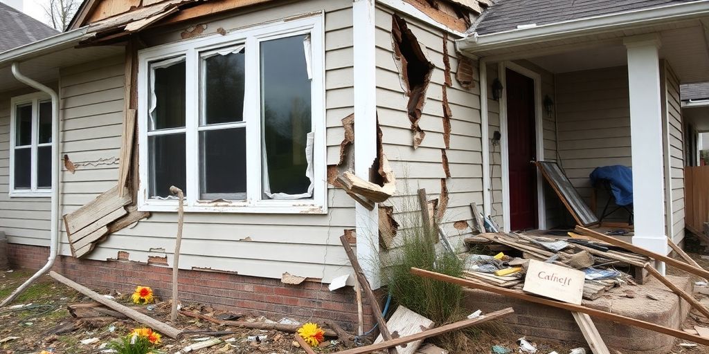 Photograph of a damaged house needing urgent repairs.