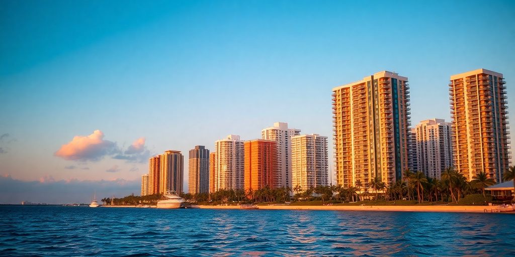 Miami skyline, sun, ocean, modern homes