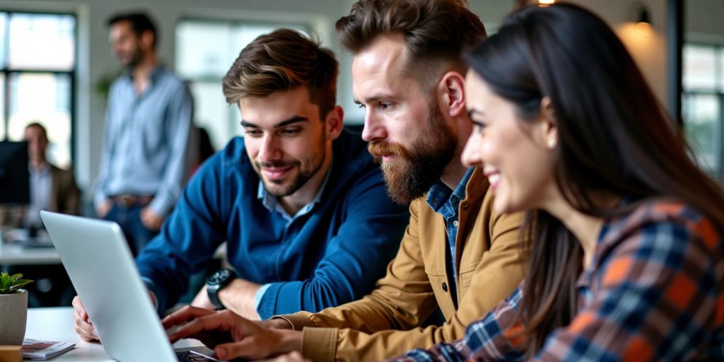 Developers collaborating around a laptop