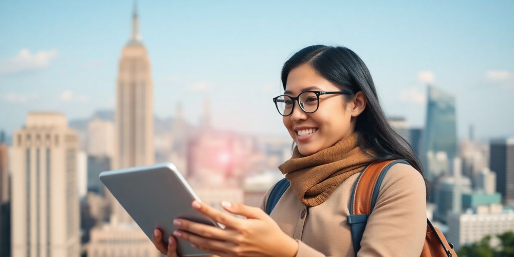 Inmigrante trabajando y sonriendo en Canadá.
