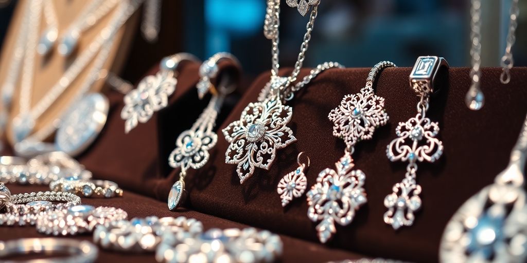 Bijoux en argent sur une table, prêts à vendre.