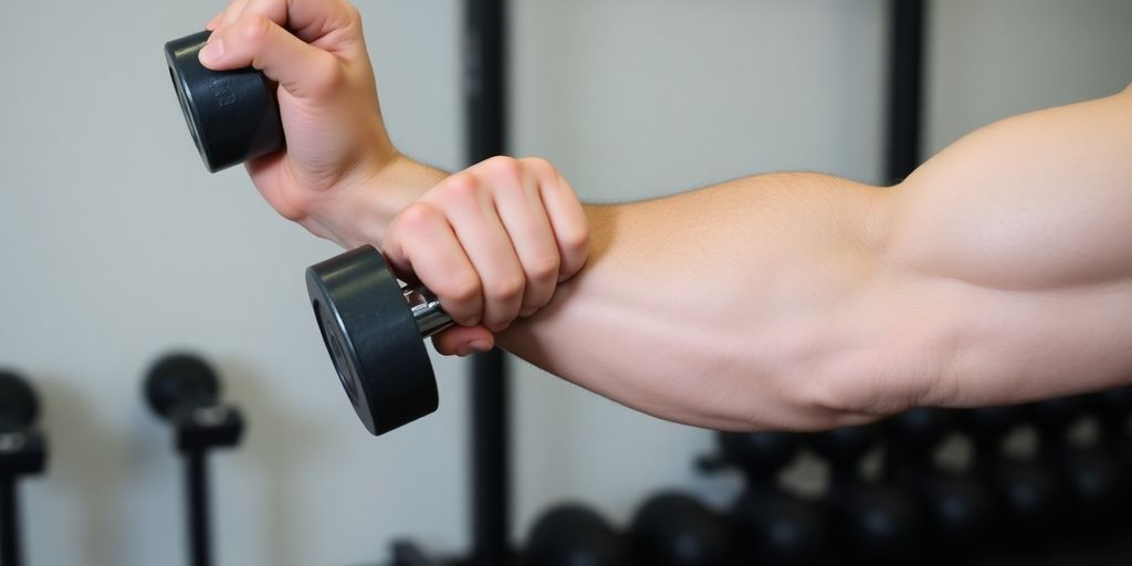 Man performing wrist adduction with dumbbell.