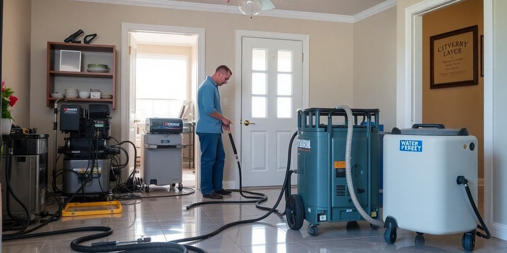 Water remediation technicians working in a home.