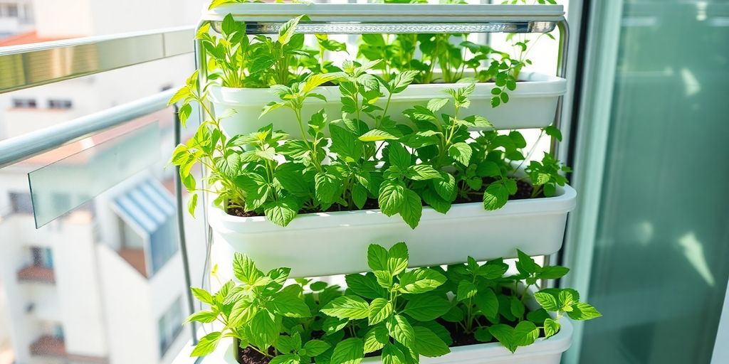 Plantas medicinales en sistema hidropónico escalonado de balcón.