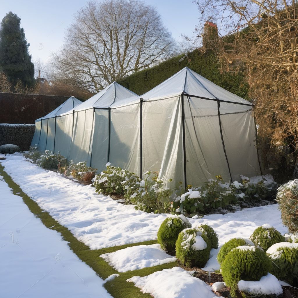garden in winter with protective covers on plants
