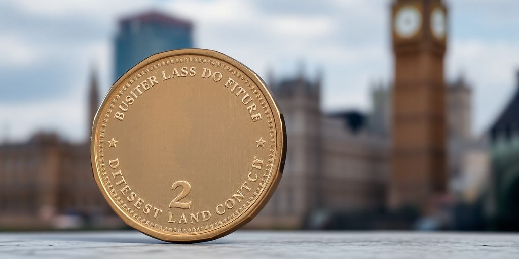 British pound coin with digital effects and city backdrop.