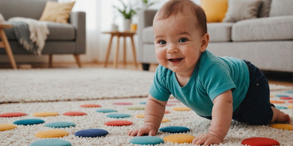 Baby crawling with colorful knee pads