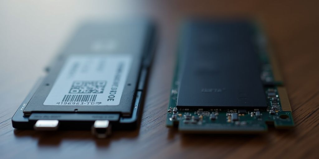 Nahaufnahme von zwei SSDs, SATA und NVMe.